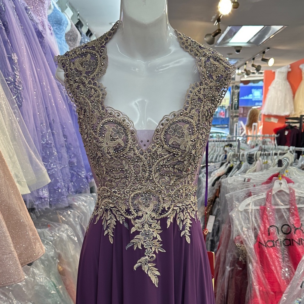 May Queen Purple and Gold Embellished Prom Dress